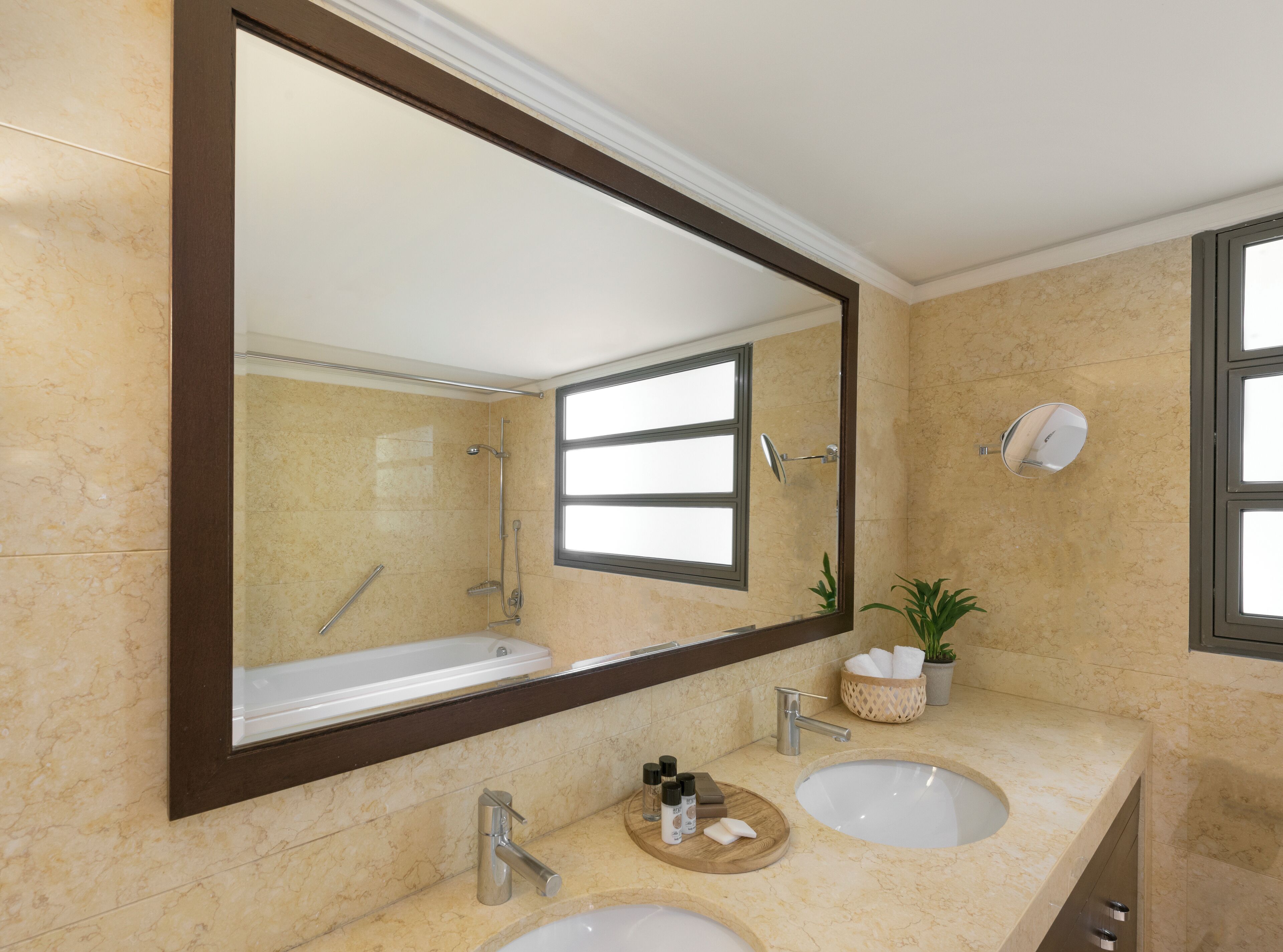 A bathroom with a large mirror, two sinks, a bathtub, and a potted plant.