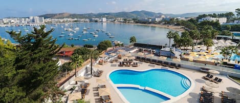 Outdoor pool, pool umbrellas, pool loungers