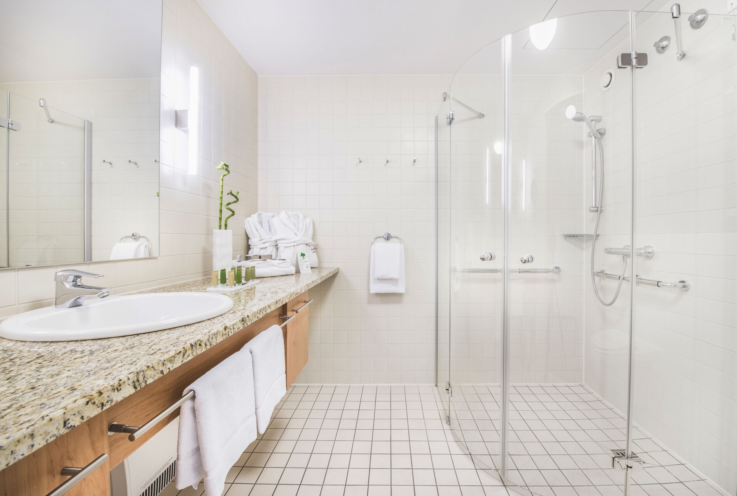 shower, designer toiletries, hair dryer, towels