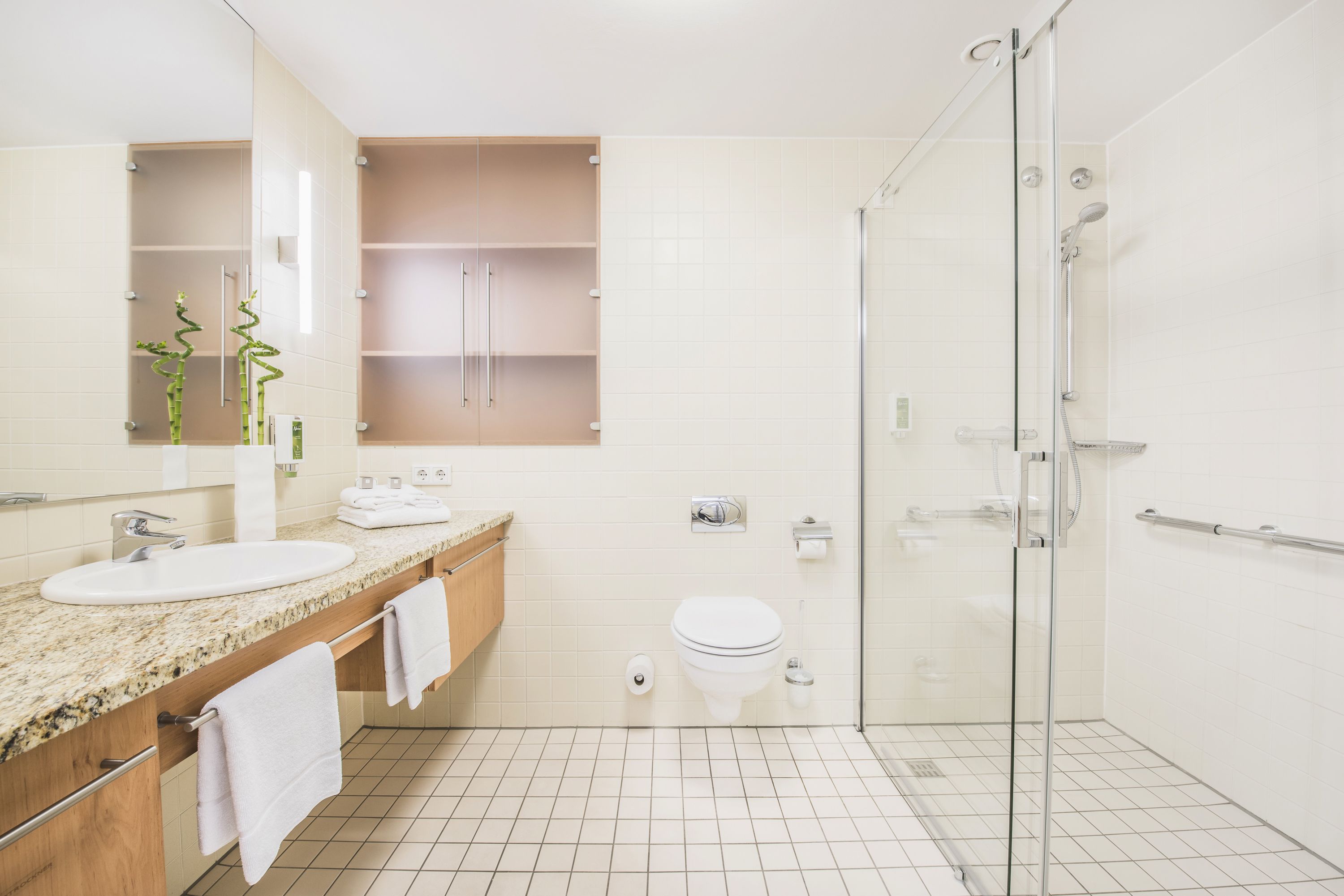 shower, designer toiletries, hair dryer, towels