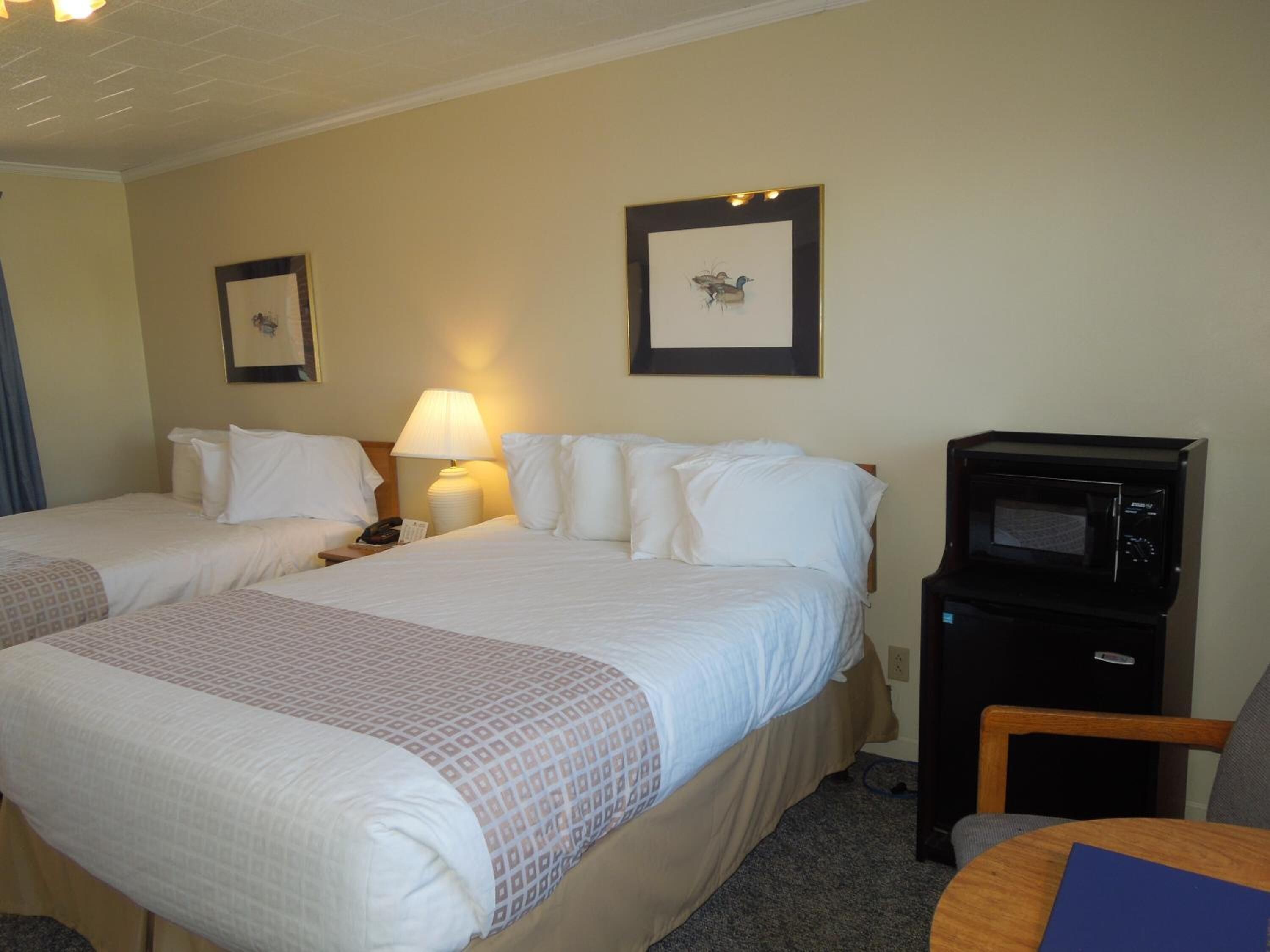 A hotel room with two beds, a desk, a chair, a lamp, a microwave, and framed pictures on the wall.
