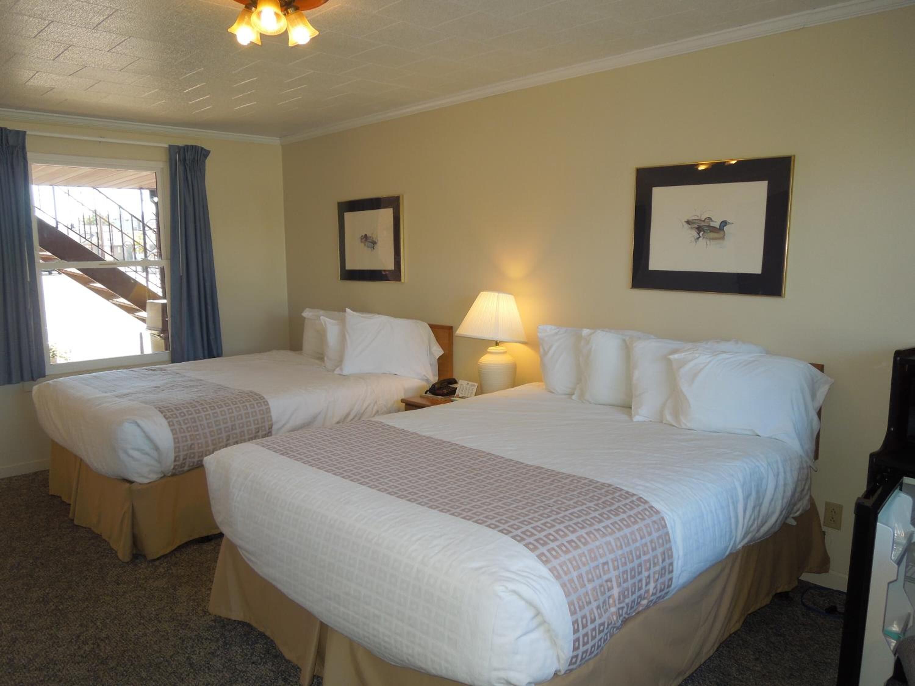 A hotel room with two beds, a ceiling fan, a lamp, and a framed picture on the wall.