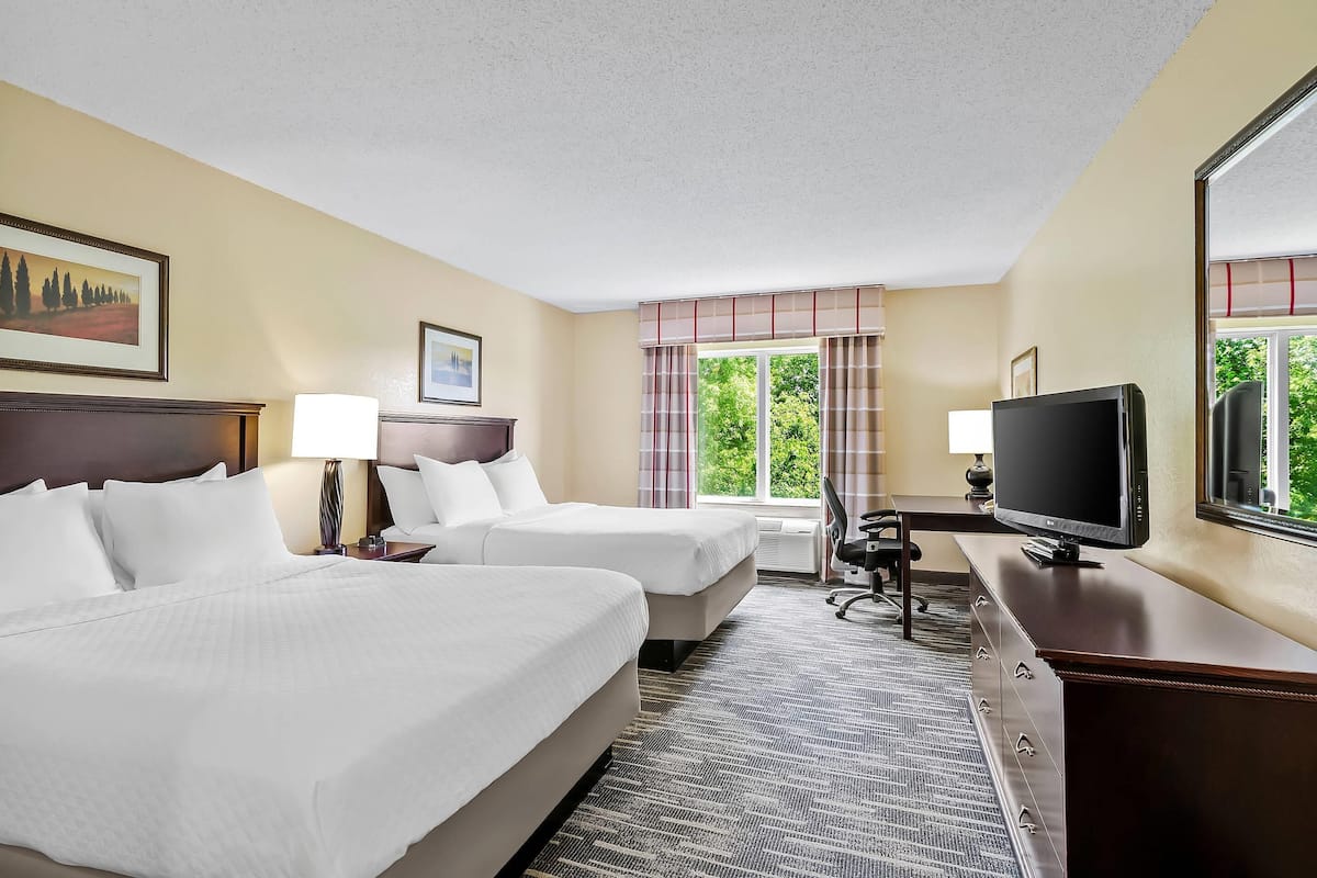 A hotel room with two beds, a desk, a television, and a window with a view of greenery.