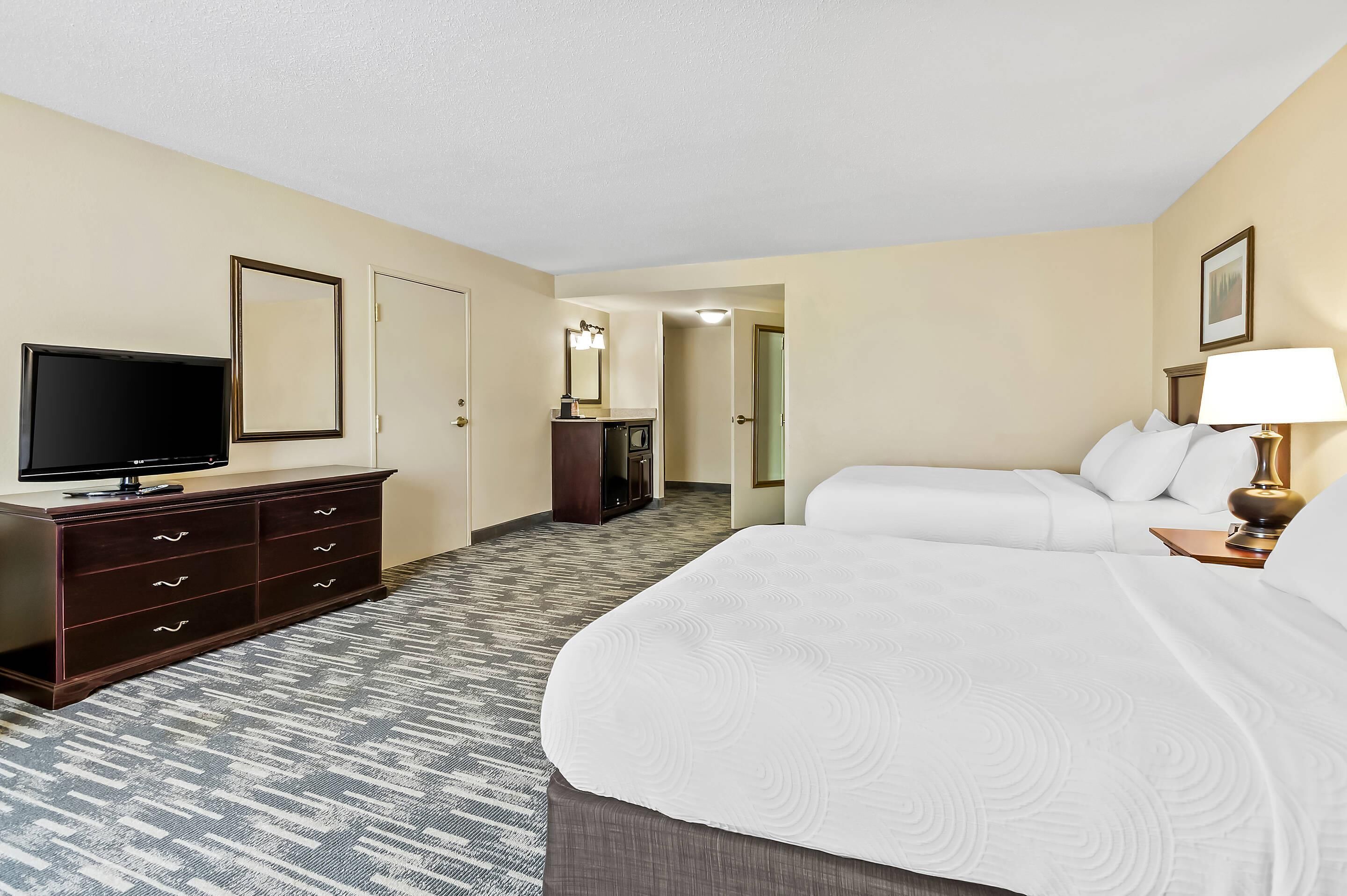 Habitación de hotel con cama, televisor, cómoda y espejo.