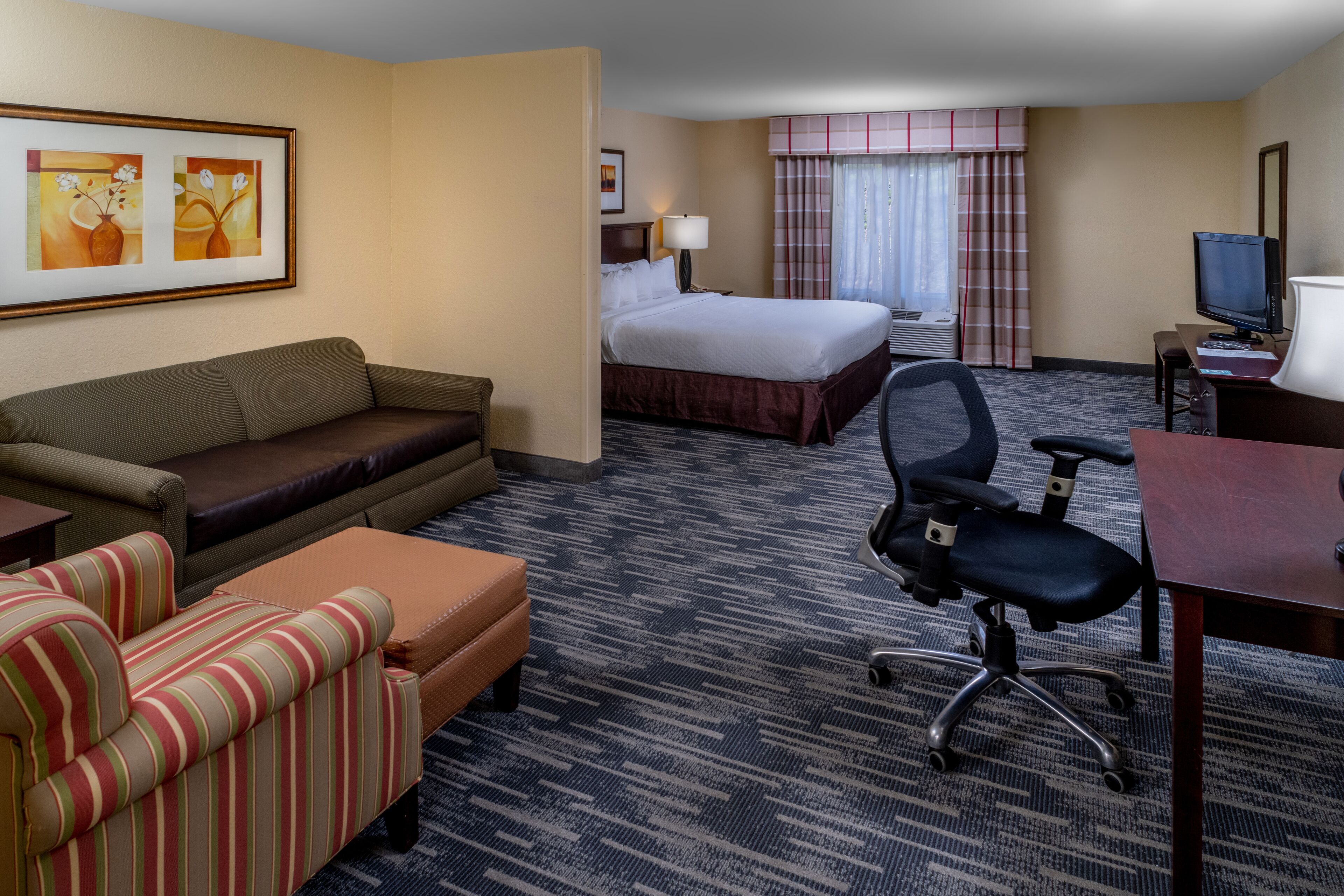 A hotel room with a bed, a sofa, a chair, a desk, and a television.