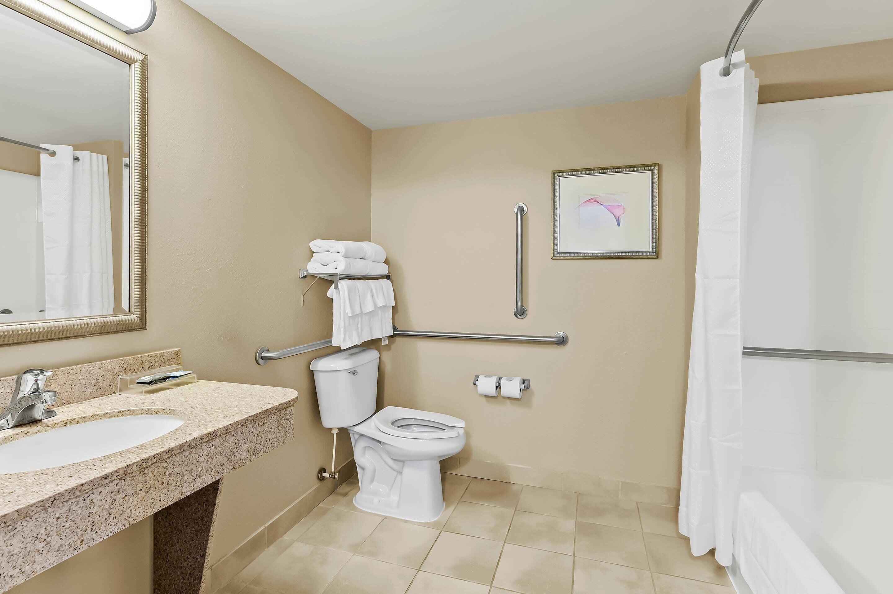 A bathroom with a sink, toilet, and shower.