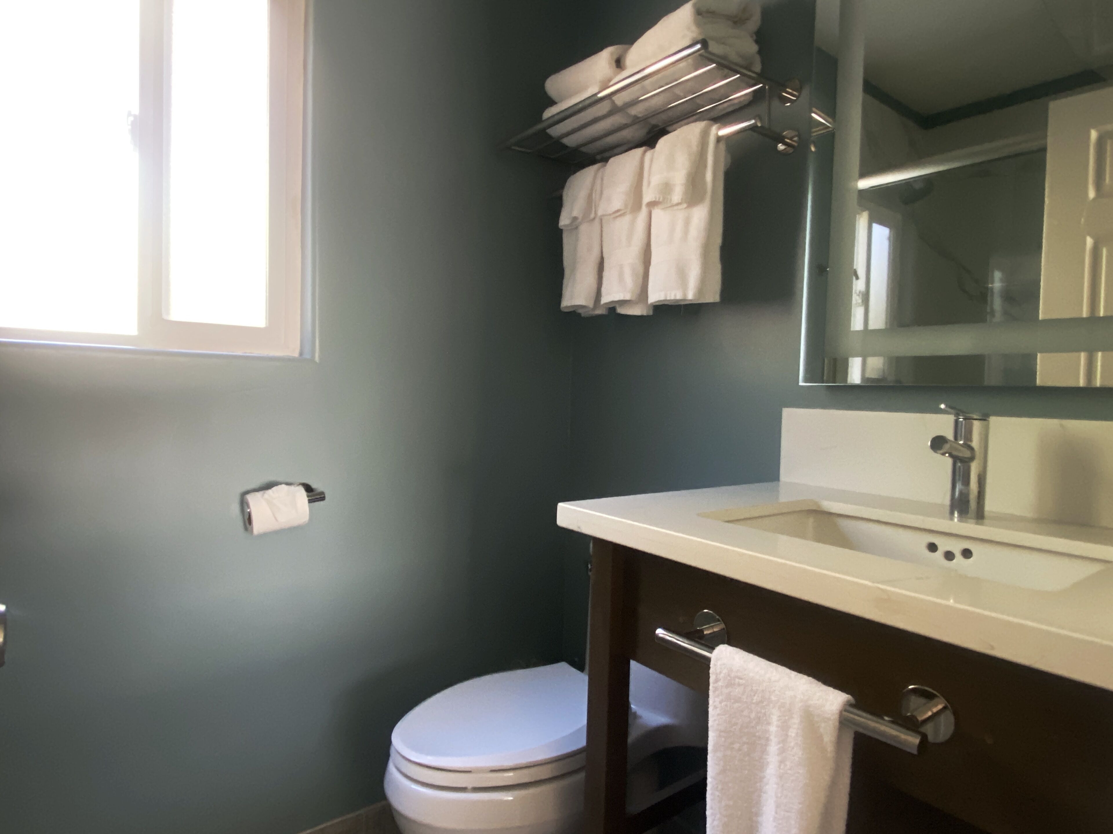 A bathroom with a toilet, sink, and towel rack.
