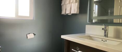 A bathroom with a toilet, sink, and towel rack.