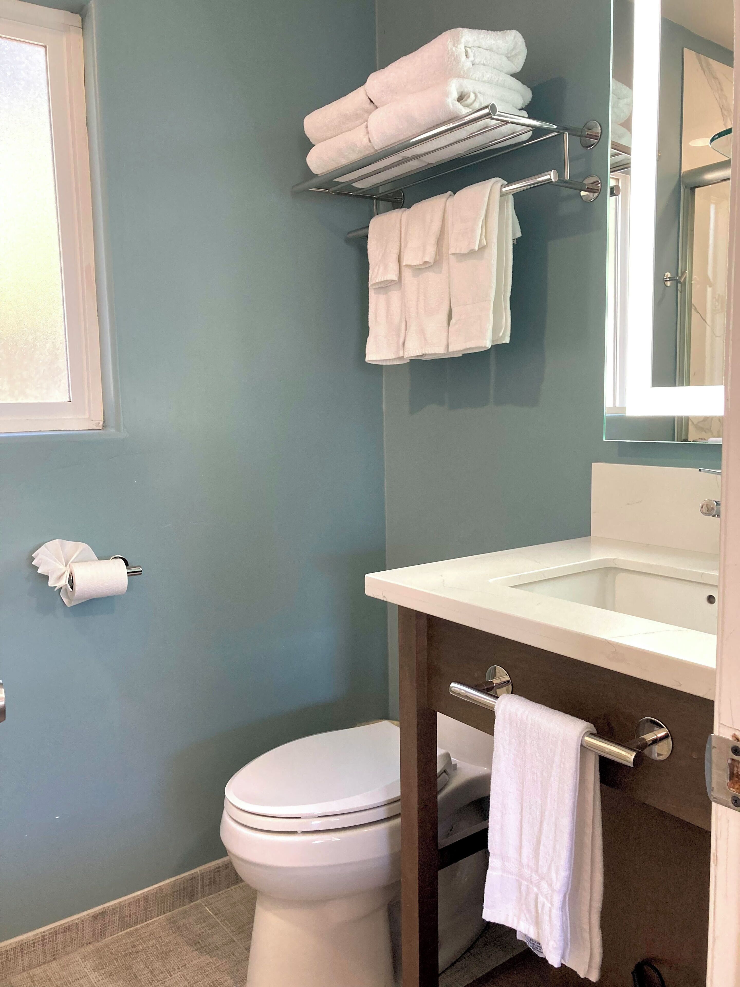 Un bagno con il water, un lavandino, un porta asciugamani e un portasciugamani.