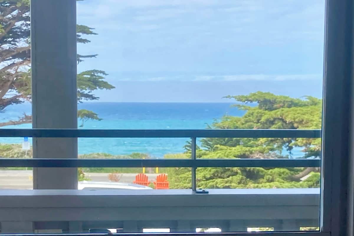 A window with a view of the ocean and trees.