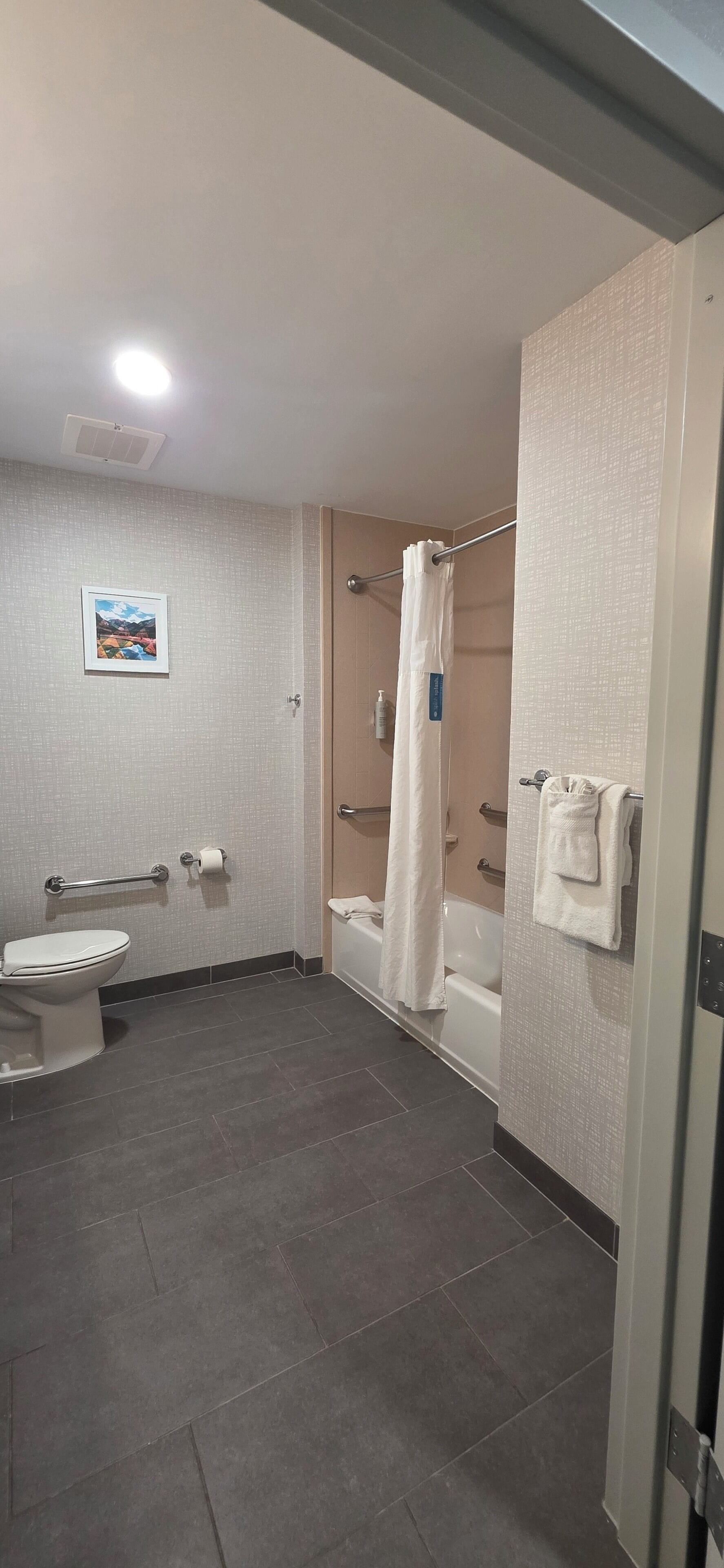 A modern bathroom with a toilet, shower, and bathtub.