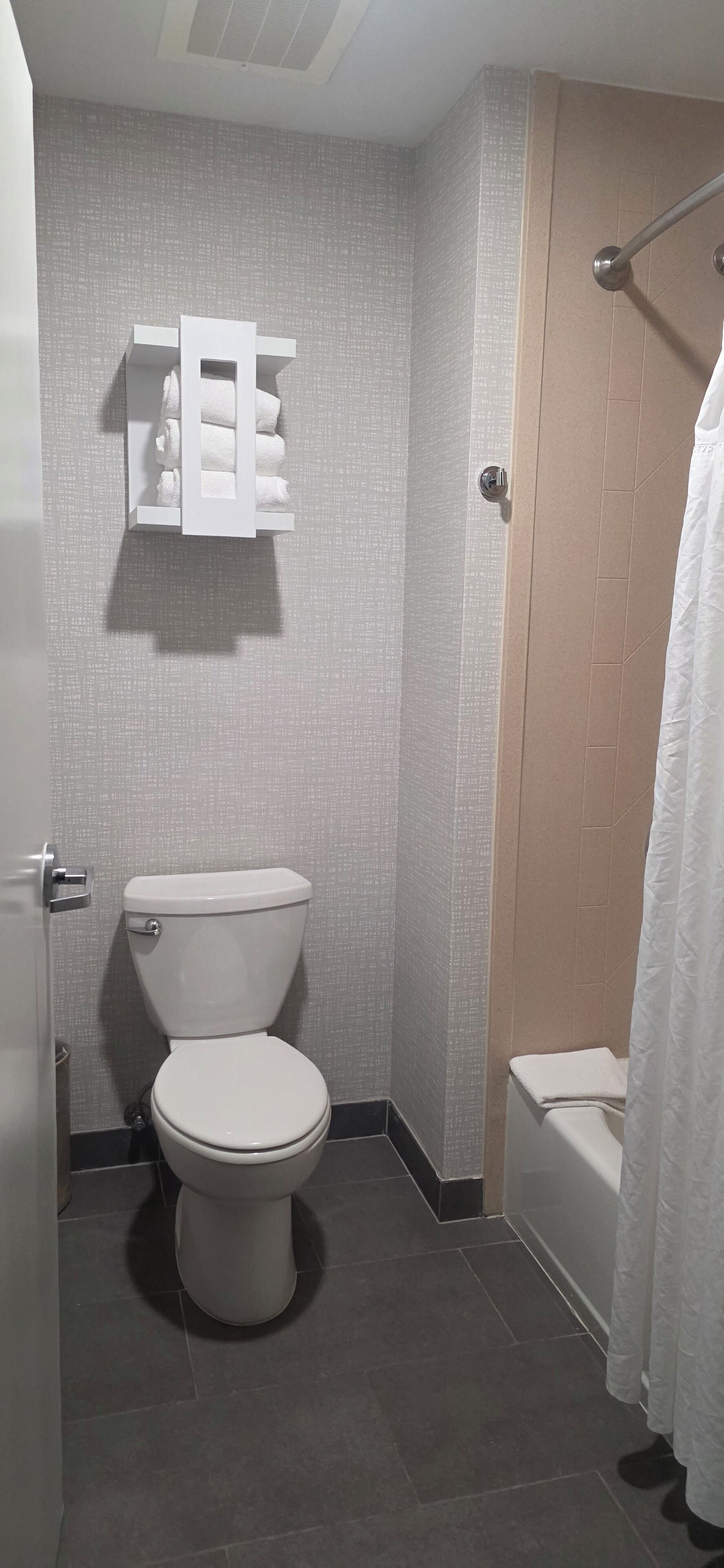 A small bathroom with a toilet, a towel rack, and a shower curtain.