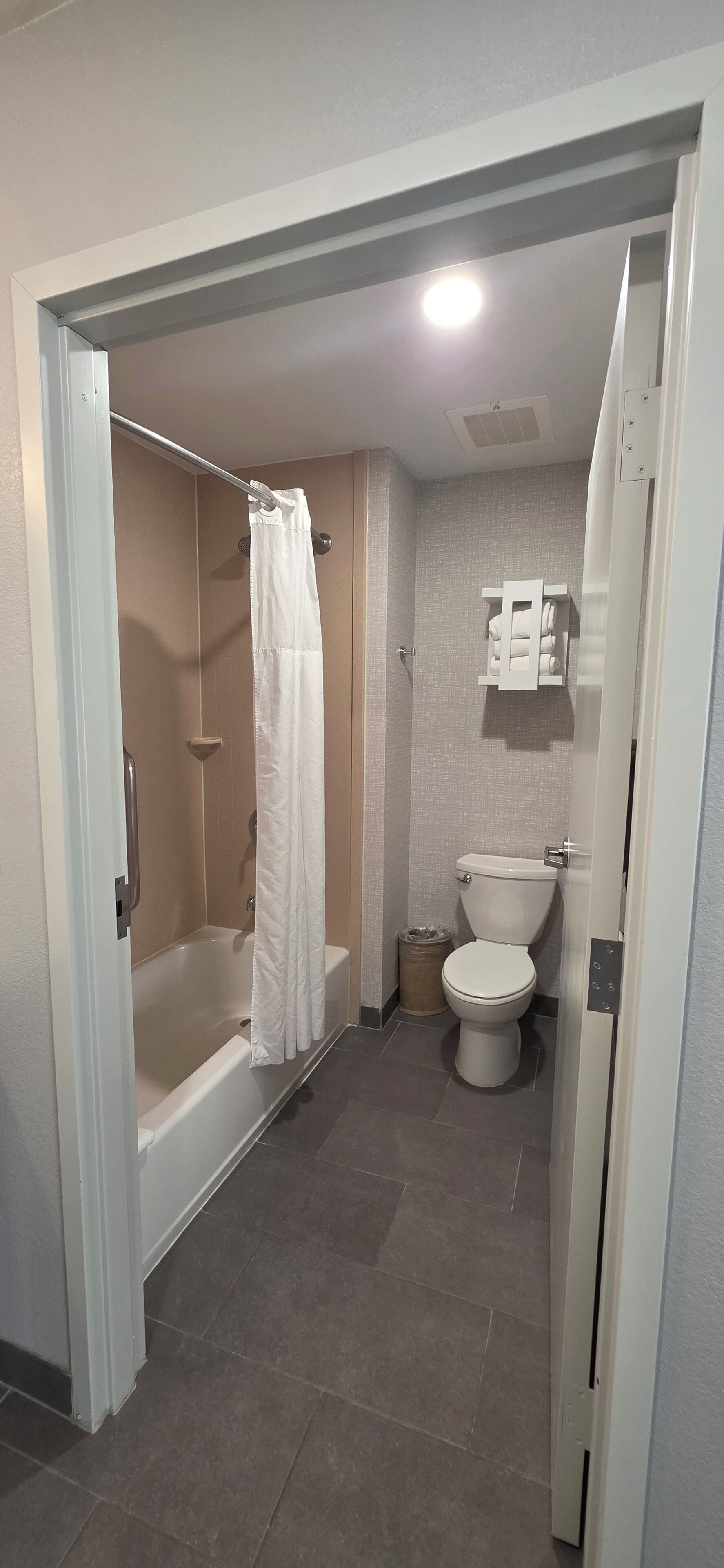 A bathroom with a shower, toilet, and a towel rack.