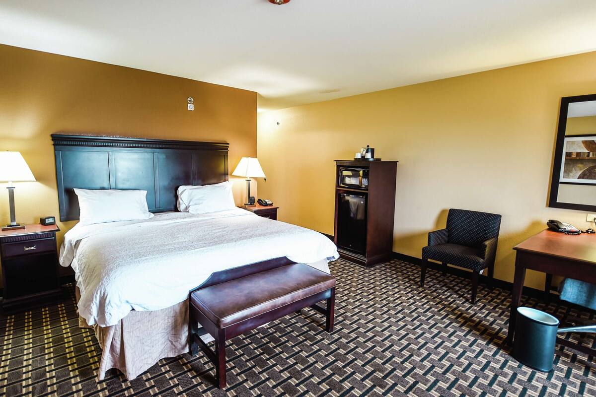 Quarto de hotel com uma cama grande, duas mesas de cabeceira, uma escrivaninha, uma cadeira, um guarda-roupa e um chão estampado.