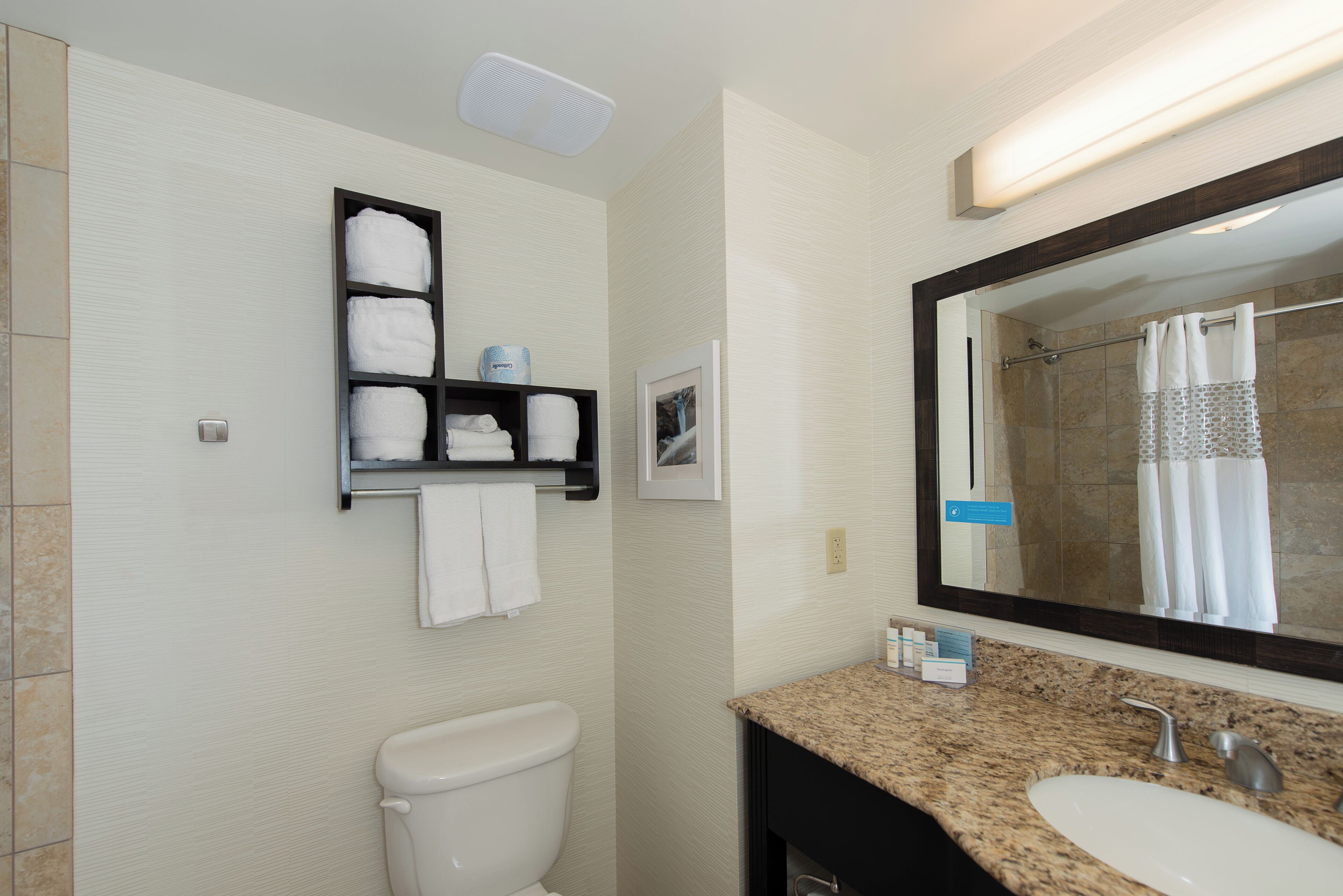 combined shower/bathtub, free toiletries, hair dryer, towels