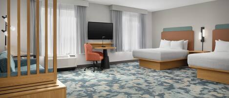 A hotel room with a bed, a desk with a TV, a chair, and a wardrobe.