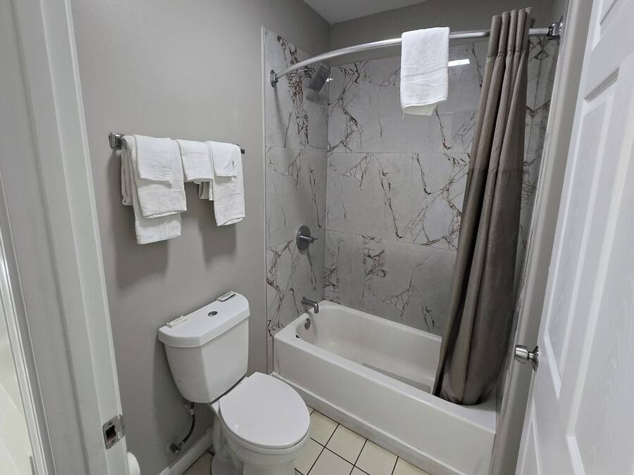 Un bagno con toilette, vasca e tenda per la doccia.