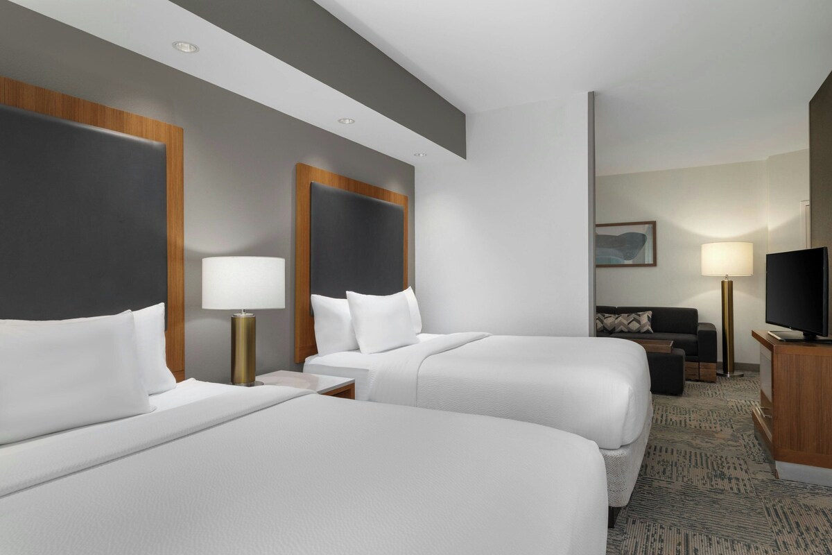 Habitación de hotel con dos camas, un sofá, un televisor y una lámpara.
