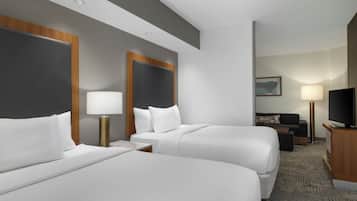 Habitación de hotel con dos camas, un sofá, un televisor y una lámpara.