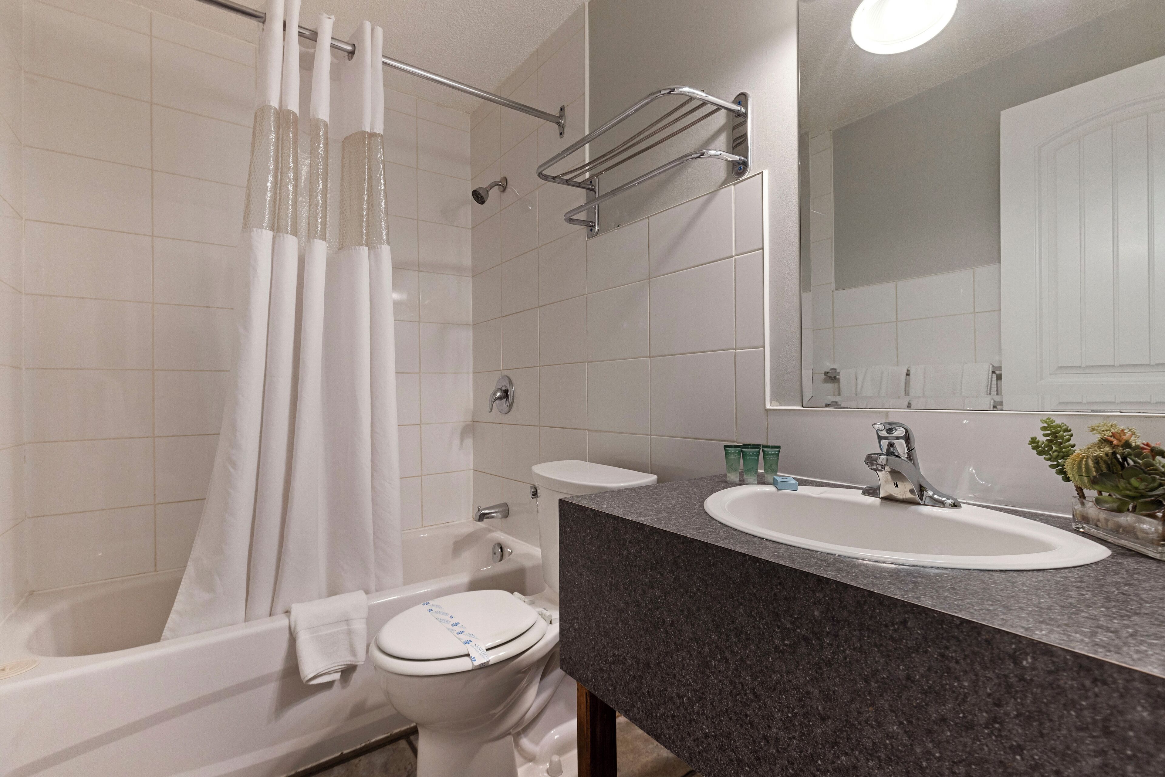 A modern bathroom with a bathtub, toilet, sink, and a shower curtain.
