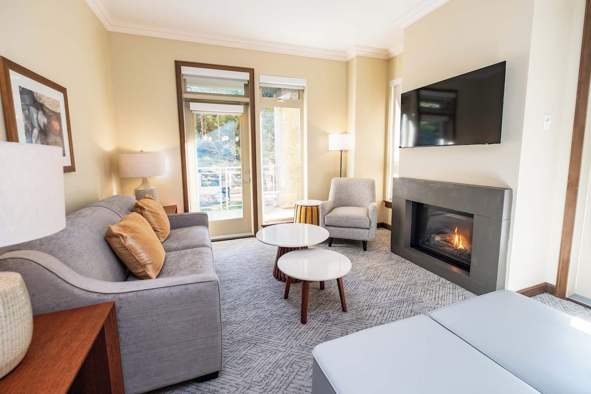Een moderne woonkamer met een grijze bank, een open haard, een flatscreen televisie en een groot raam met uitzicht op groen.