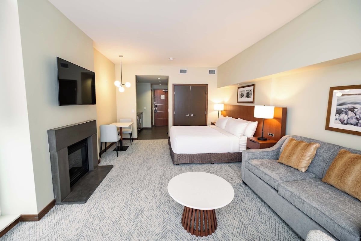 Een hotelkamer met een bed, een sofa, een televisie, een open haard, een bureau en een lamp.