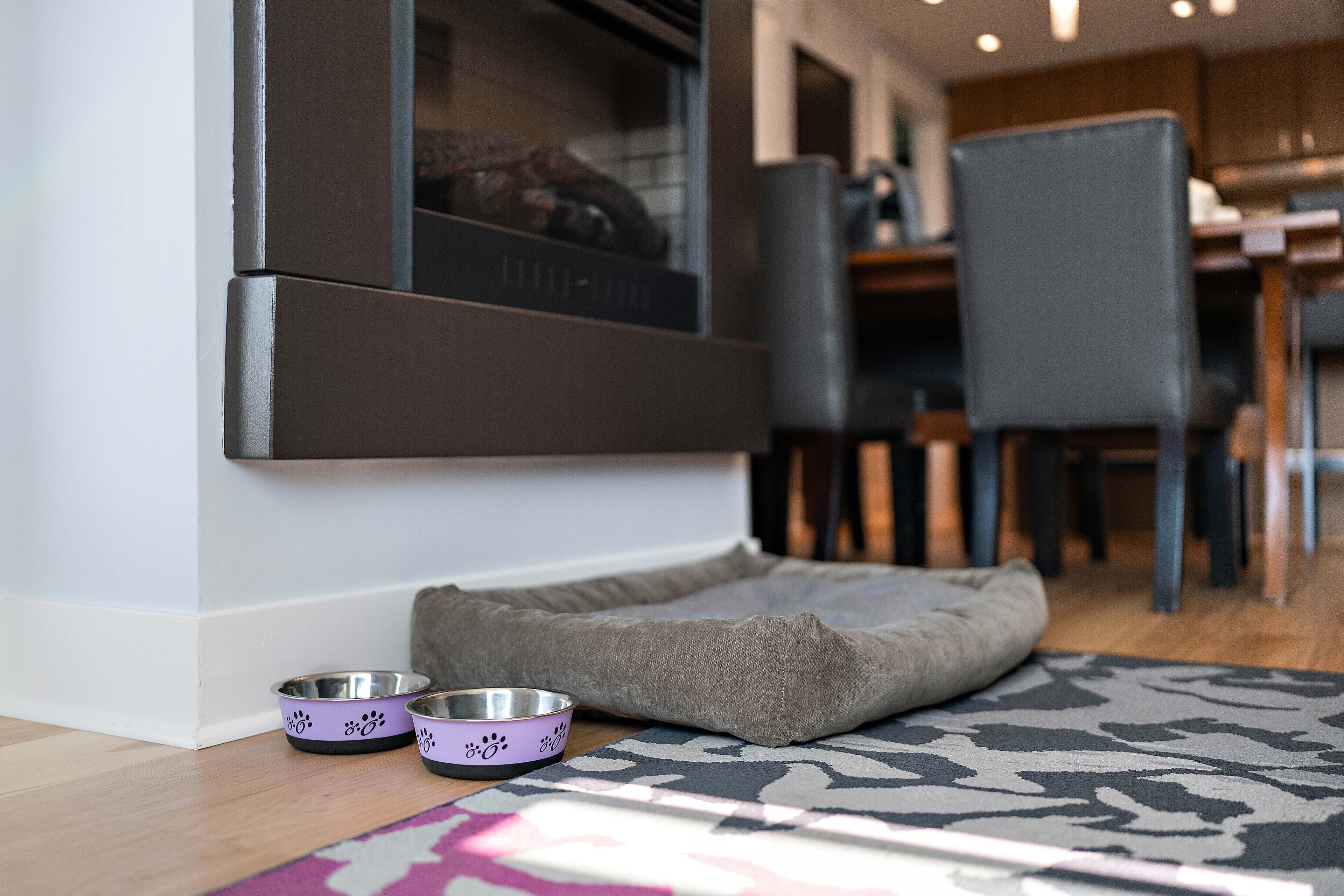 A pet bed, two pet bowls, and a window with a view of a dining area.