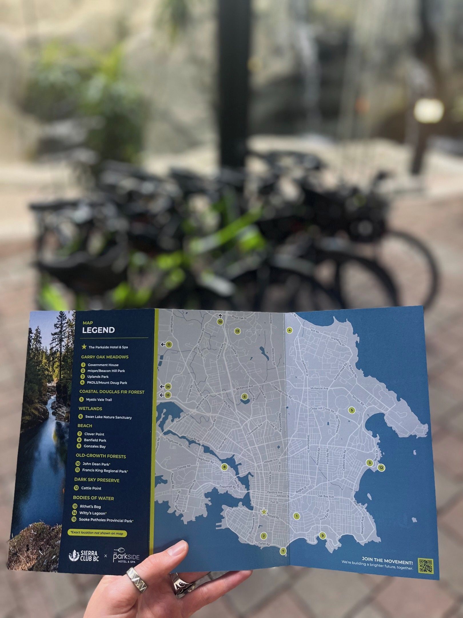 A map with a legend listing various locations and amenities.