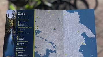 A map with a legend listing various locations and amenities.
