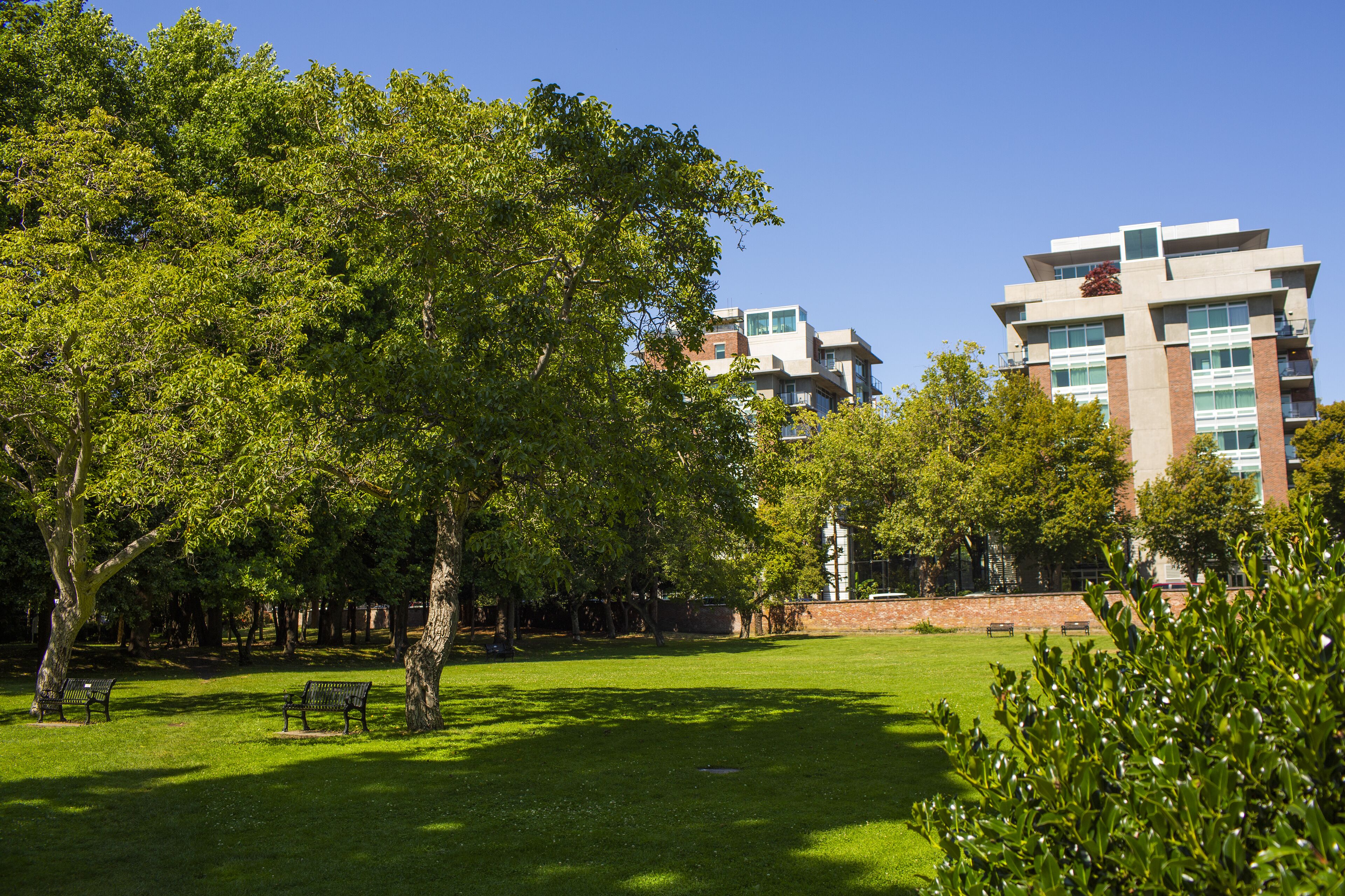 A park with benches and trees, a building with multiple floors and balconies, and a clear blue sky.