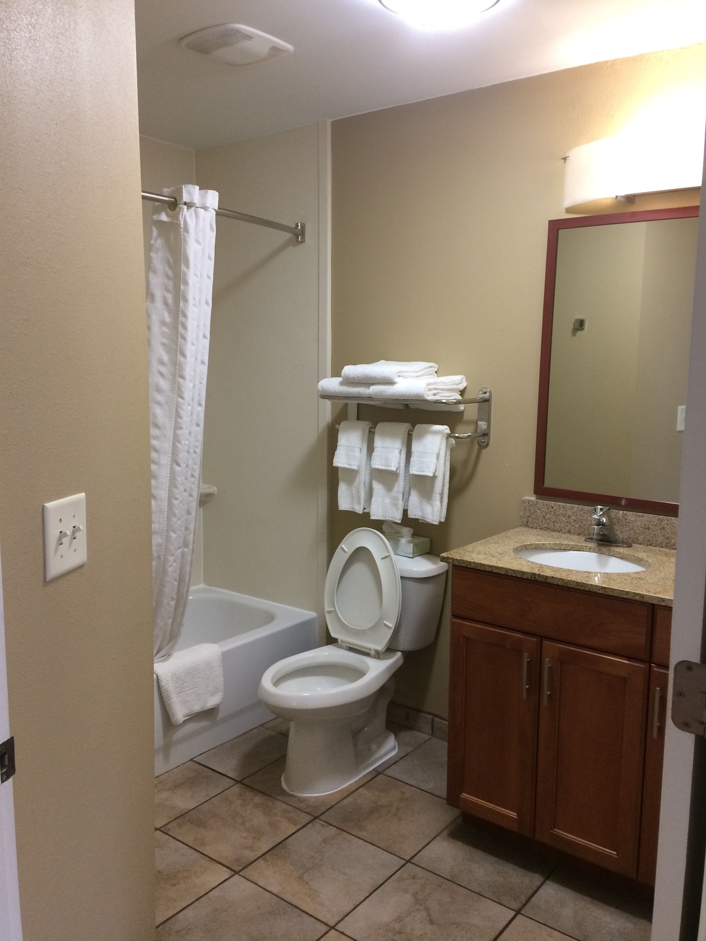 combined shower/bathtub, free toiletries, hair dryer, towels