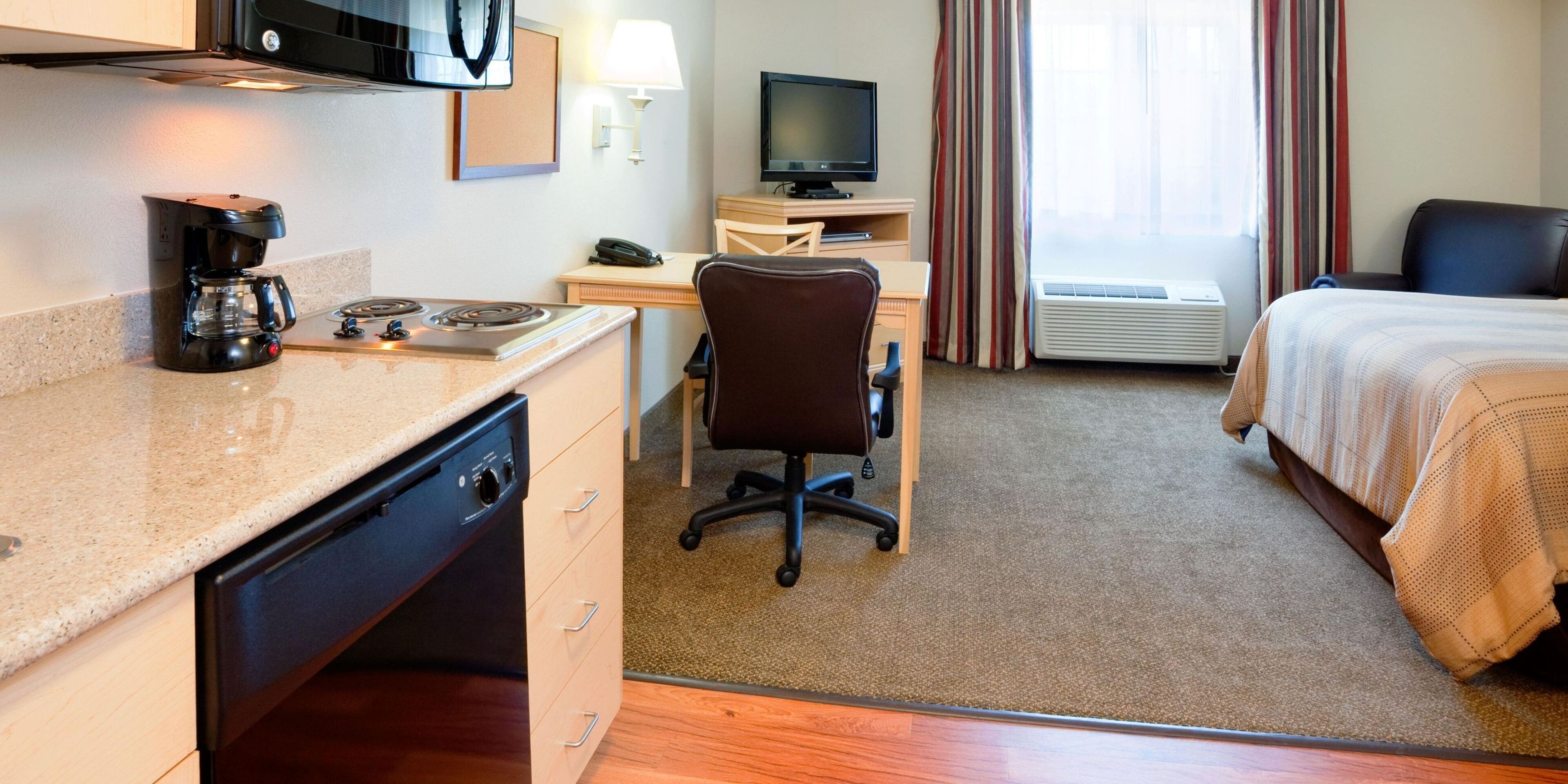 Desk, blackout drapes, soundproofing, iron/ironing board
