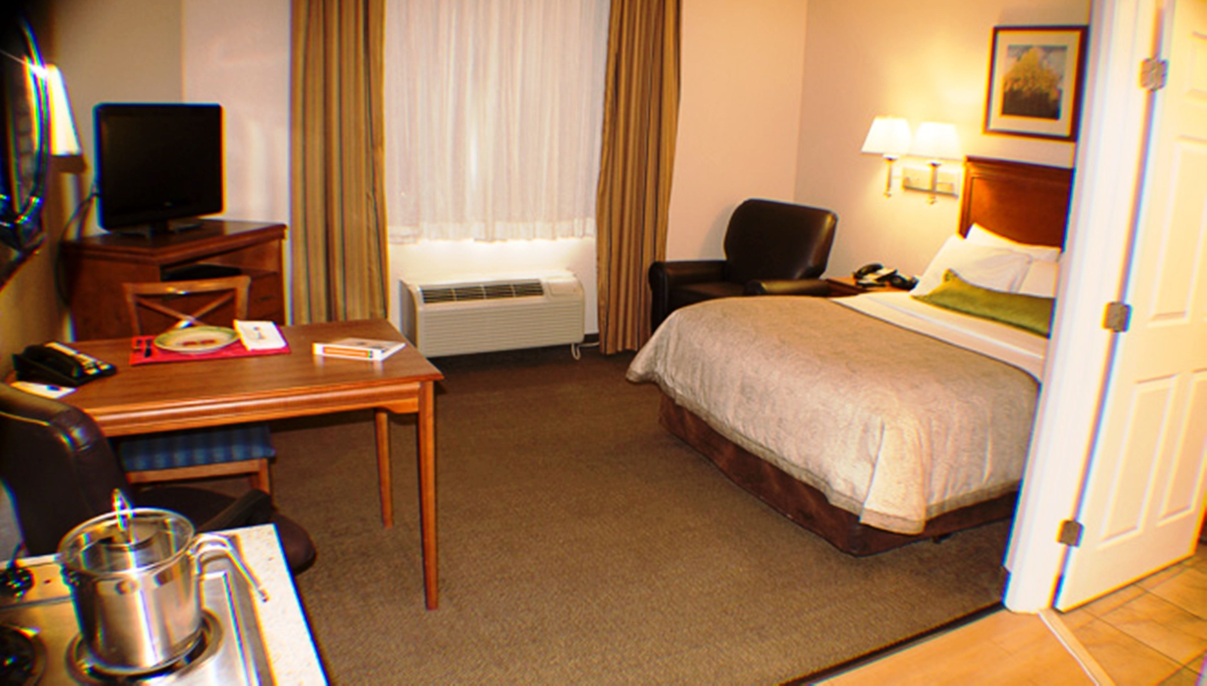 Desk, blackout drapes, soundproofing, iron/ironing board