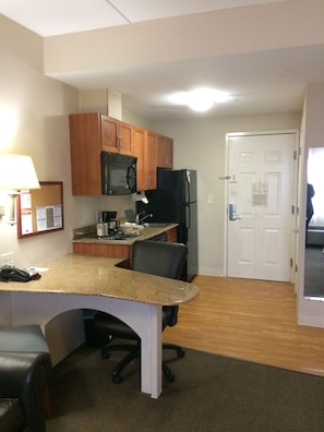 Desk, blackout curtains, soundproofing, iron/ironing board