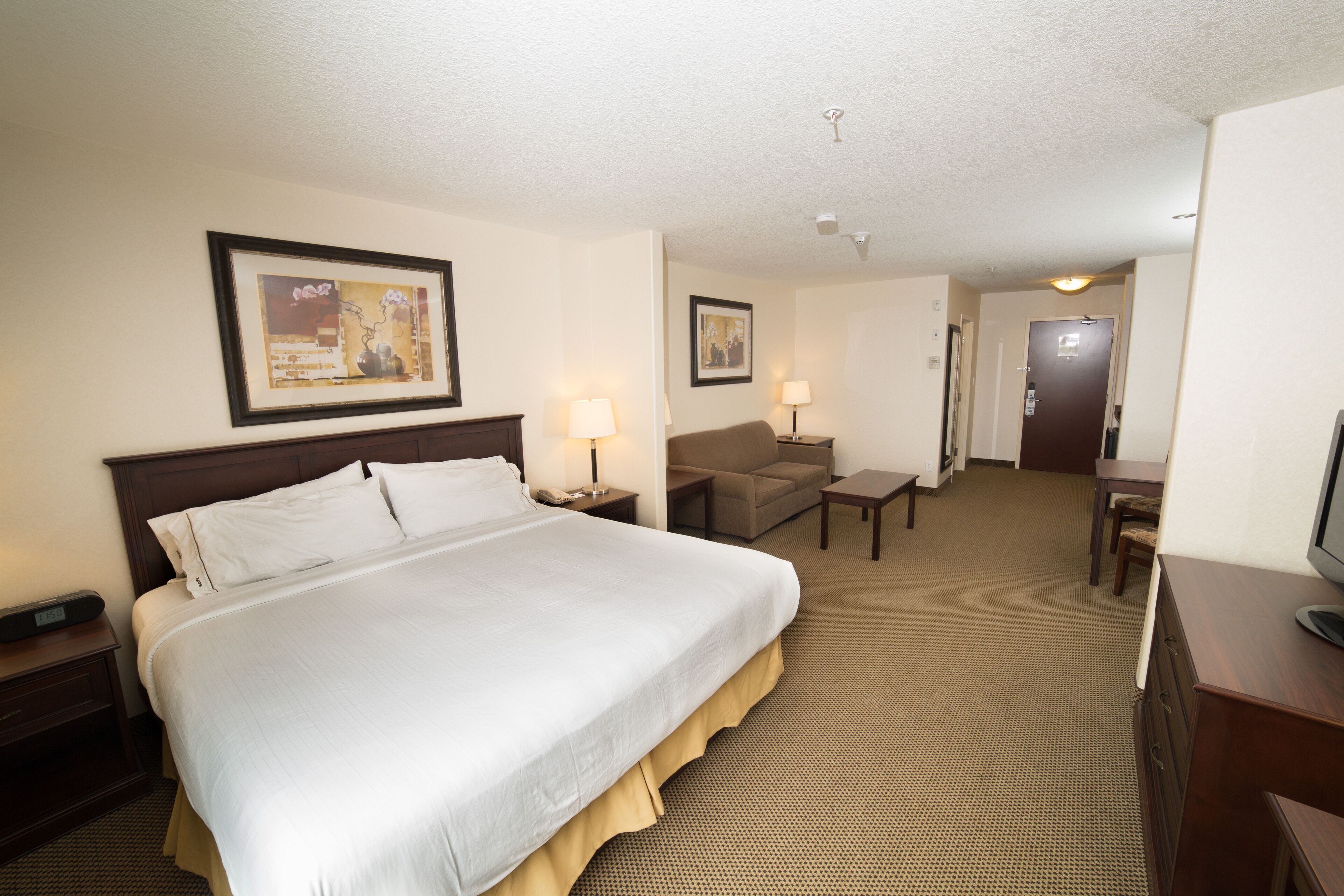 A hotel room with a large bed, a desk, a chair, and a television.
