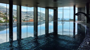 Indoor pool, outdoor pool, pool umbrellas, sun loungers