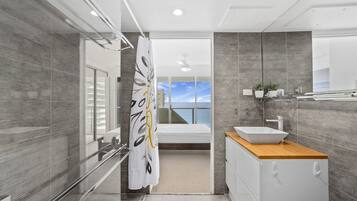 Separate tub and shower, jetted tub, hydromassage showerhead