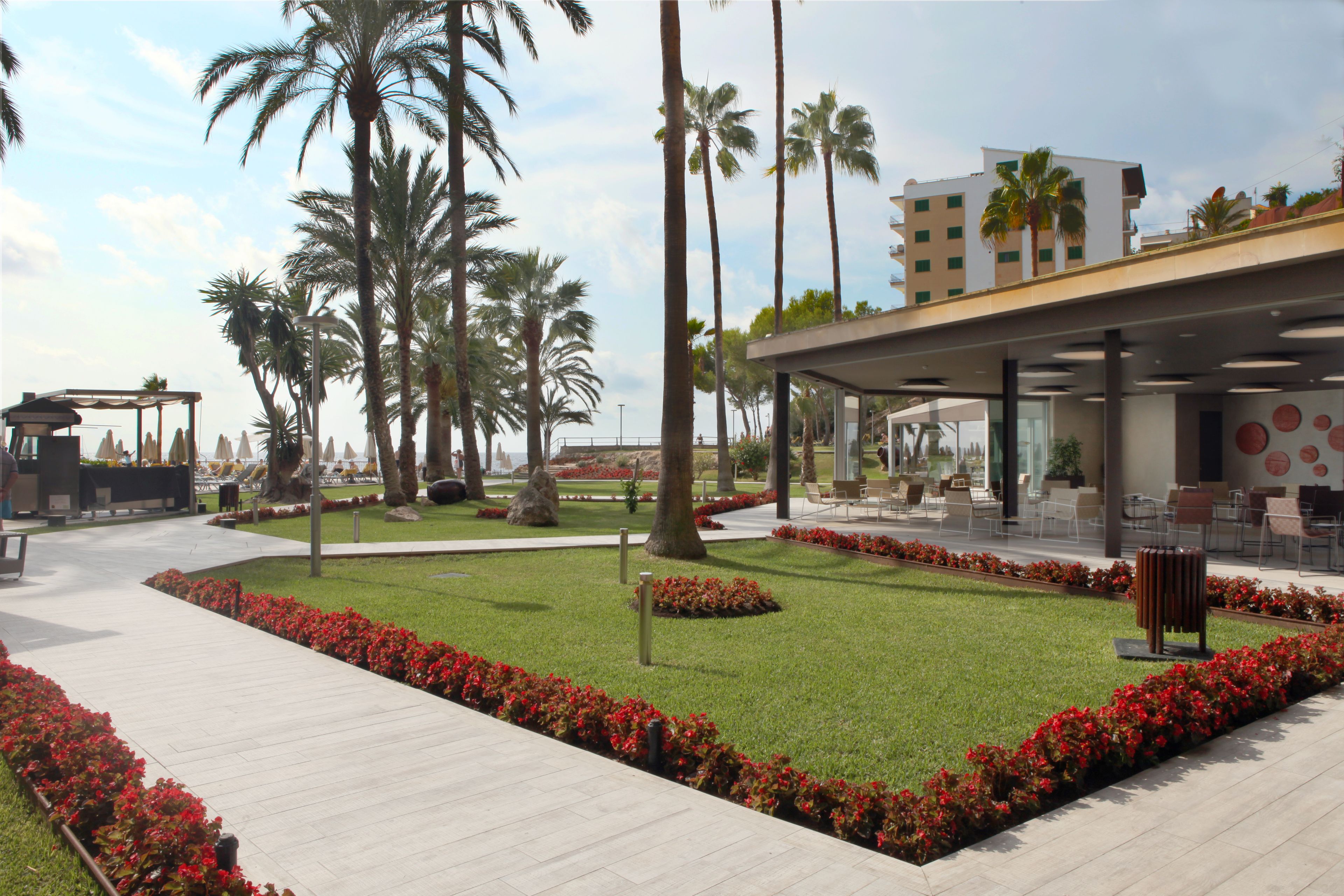 A modern outdoor area with a pathway, palm trees, and a building with outdoor seating.