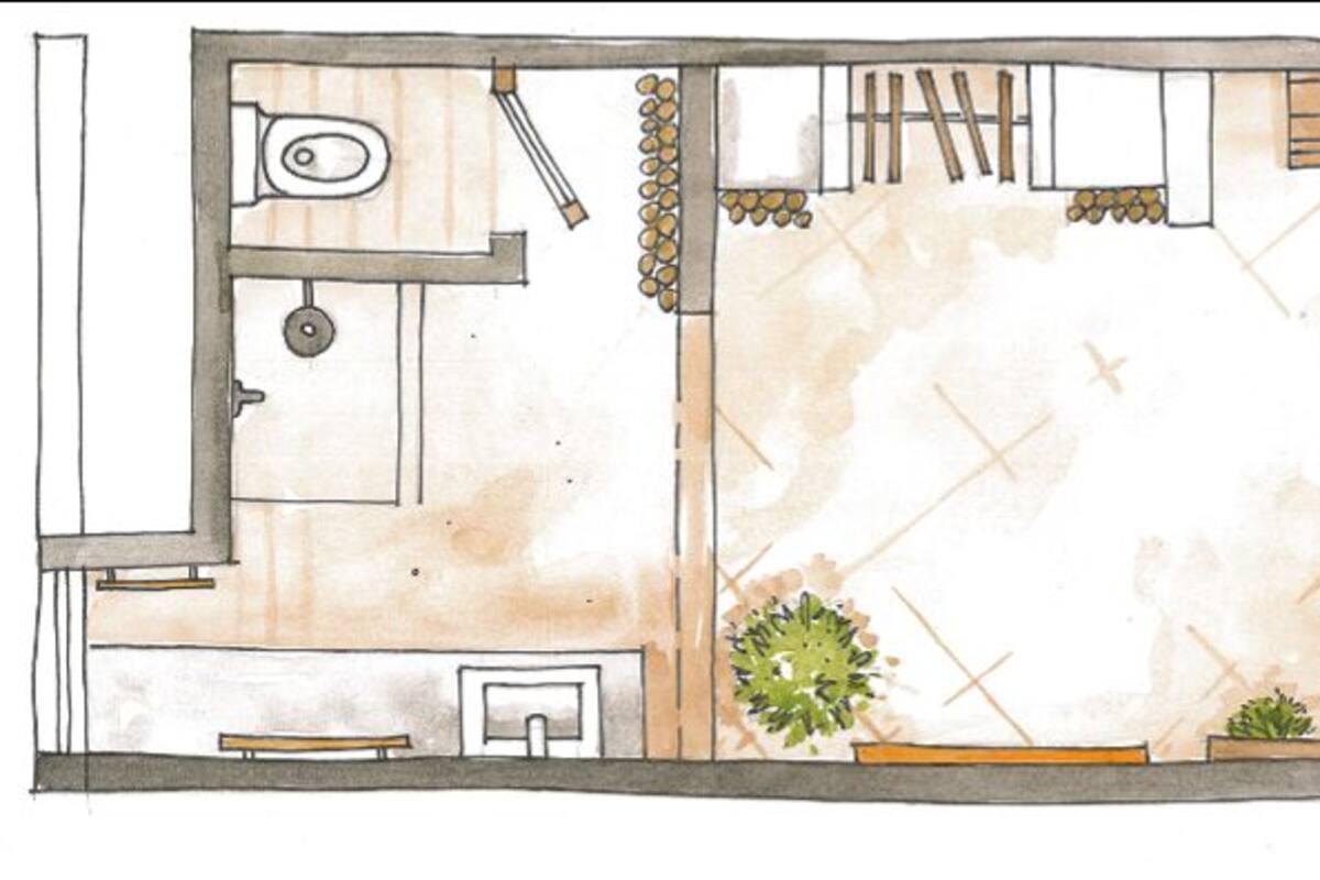 A floor plan of a hotel room with a bed, a small desk, a chair, a window, and a bathroom.