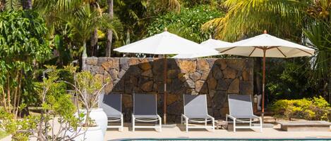 A swimming pool with lounge chairs and umbrellas, surrounded by palm trees and a stone wall.