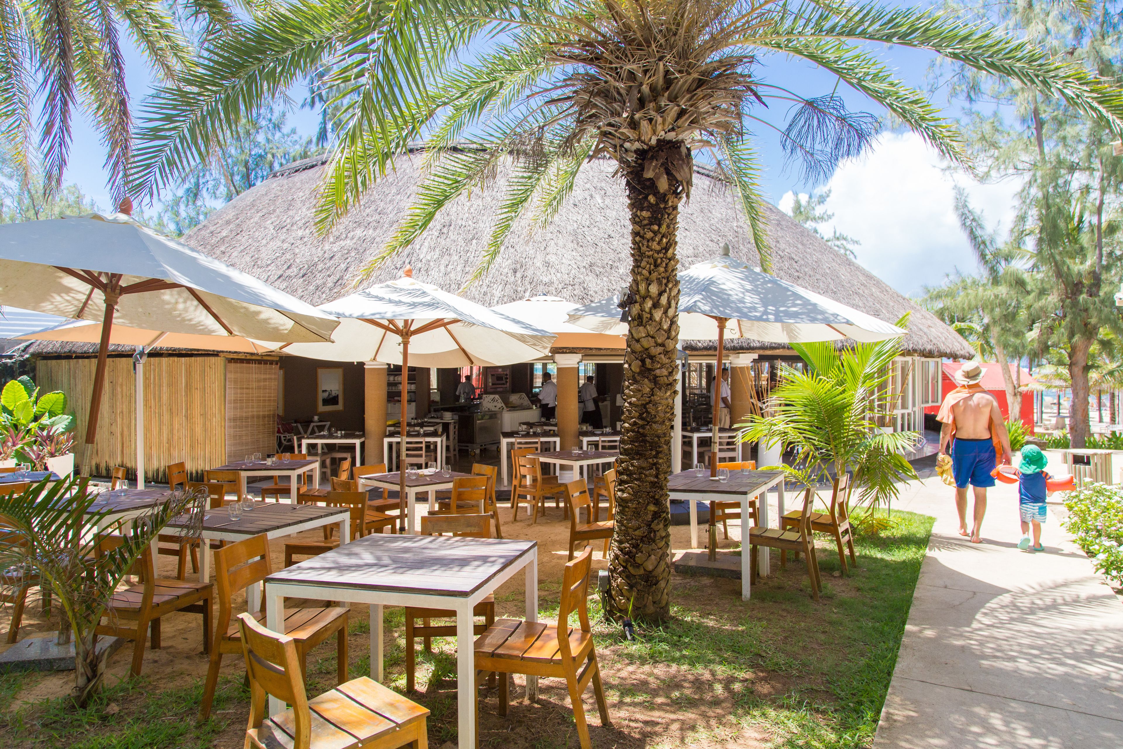 An outdoor dining area with tables and chairs, umbrellas, and a palm tree.