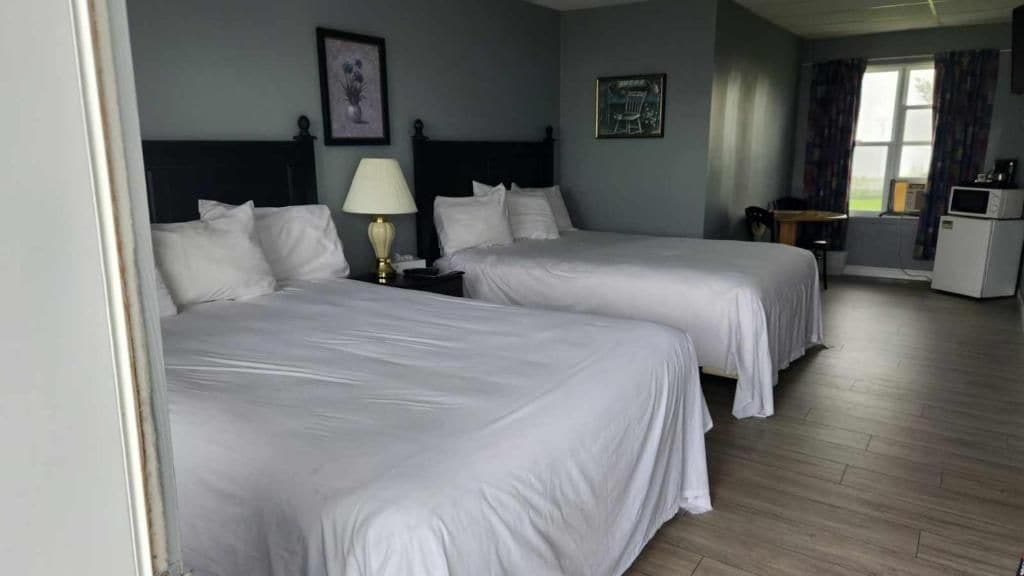 Habitación de hotel con dos camas, un escritorio, una silla, una lámpara y una ventana con cortinas.