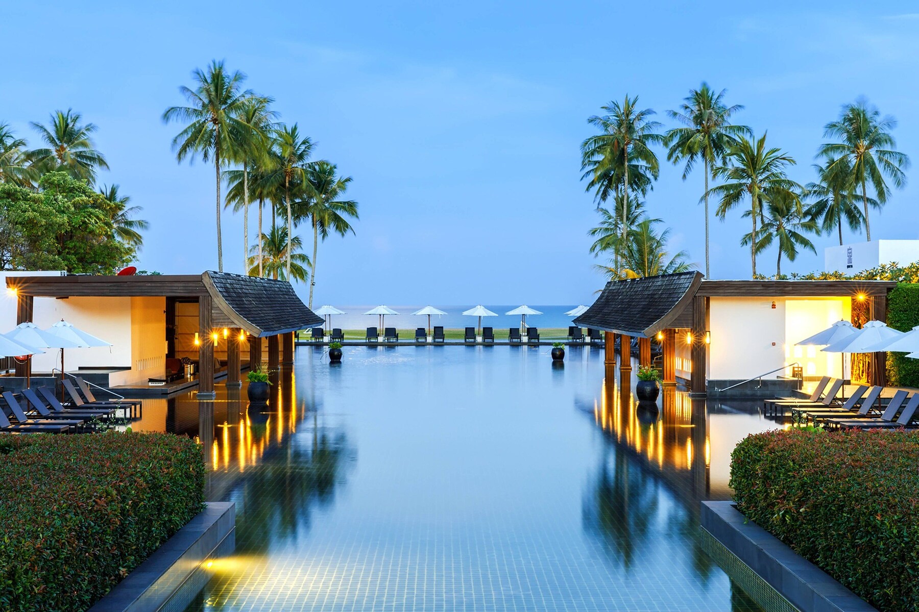 Outdoor pool, pool umbrellas, pool loungers