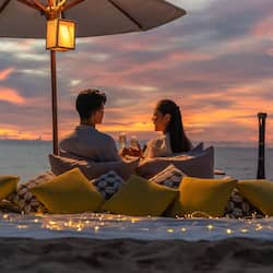 On the beach, sun-loungers, beach umbrellas, beach towels