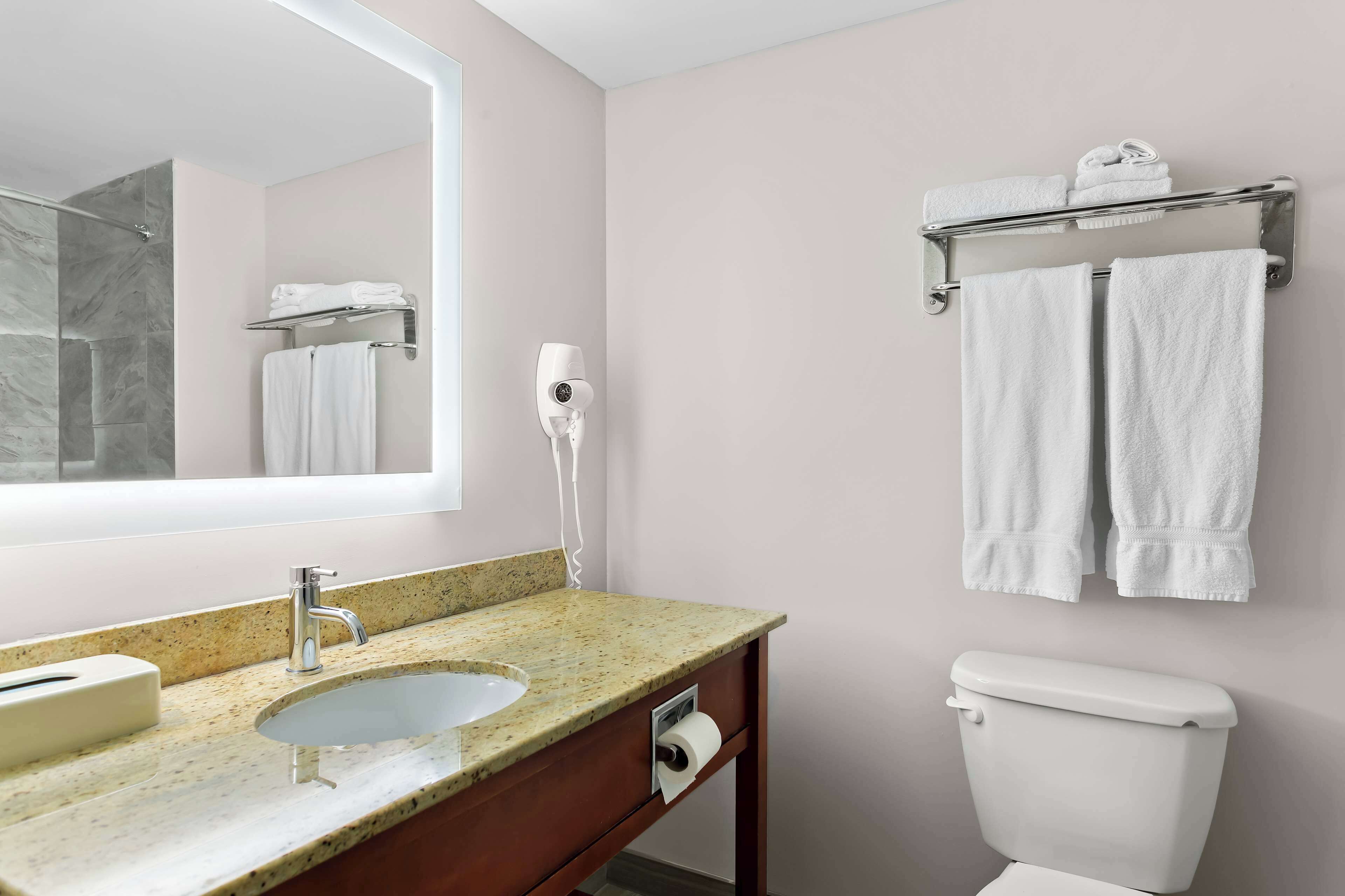 A bathroom with a granite countertop sink, a mirror, a towel rack, a toilet, and a hairdryer.