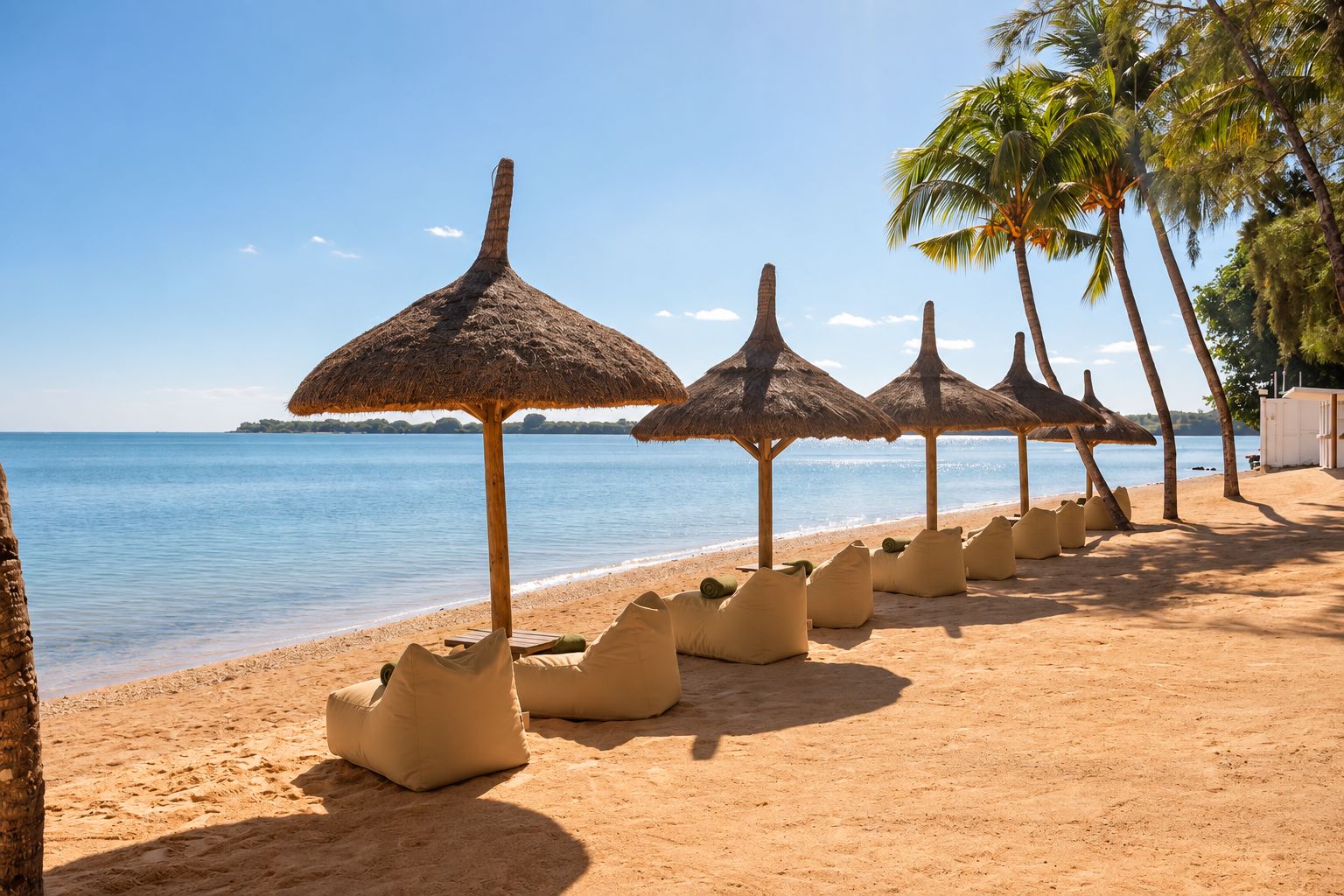 A beach with thatched umbrellas and bean bags, palm trees, and a clear view of the sea.