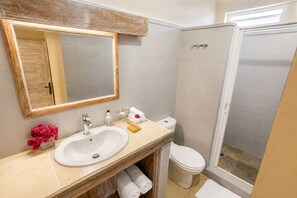 A bathroom with a wooden vanity, a sink, a mirror, a toilet, and a shower area. - Lankraz Hotel, Mauritius (Tombeau Bay)