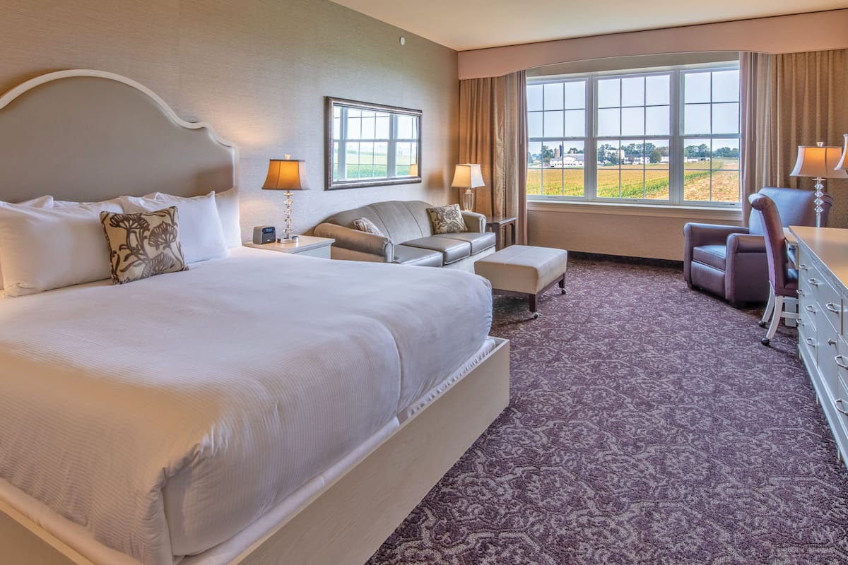 A hotel room with a large bed, a sofa, a desk, and a view of the outdoors.