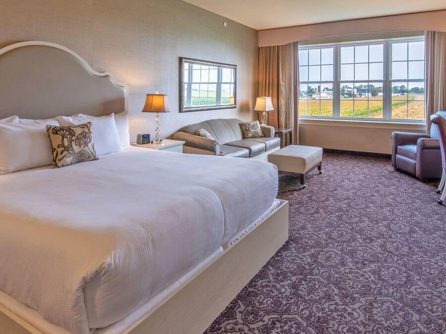 A hotel room with a large bed, a sofa, a desk, and a view of the outdoors.