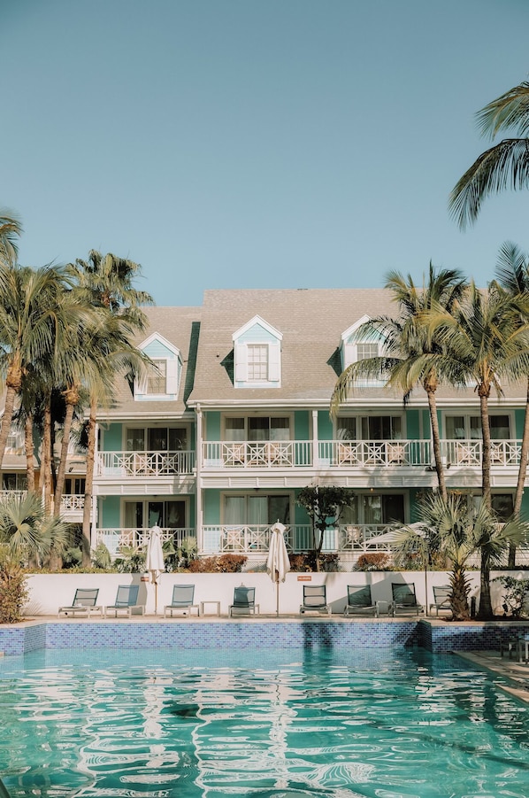 Outdoor pool, pool umbrellas, pool loungers